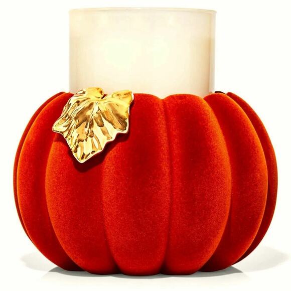 Bath & Body Works Flocked Pumpkin Pedestal Candle Holder Burnt Orange Gold Leaf - Picture 1 of 4